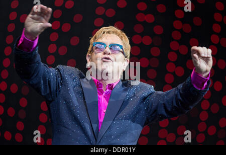 Berlin, Germany. 05th Sep, 2013. Sir Elton John performs on the Waldbuehne stage in Berlin, Germany, 05 September 2013. British musician John gives five concerts in Germany during his 'Greatest Hits Live Tour 2013'. Photo: Florian Schuh/dpa/Alamy Live News Stock Photo