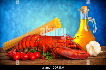 Ingredients of lobster with linguine on wooden table Stock Photo