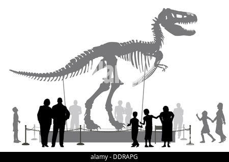 Illustrated silhouettes of people looking at a Tyrannosaurus rex skeleton in a museum Stock Photo