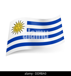 blue and white striped flag with sun