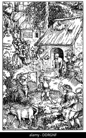 agriculture, country life, farm, woodcut by Hans Burgkmair, early 16th century, people, men, man, woman, women, peasants, peasant, farmer, farmers, herdsman, herder, herdsmen, herders, goats, goat, agricultural work, farm labour, farm labor, working, work, thresh, threshing, house, houses, cottage, cabin, cottages, cabins, animals, animal, chicken, chickens, cat, cats, dog, dogs, Germany, Holy Roman Empire, agriculture, farming, farm, farms, woodcut, woodcuts, historic, historical, female, male, Additional-Rights-Clearences-Not Available Stock Photo