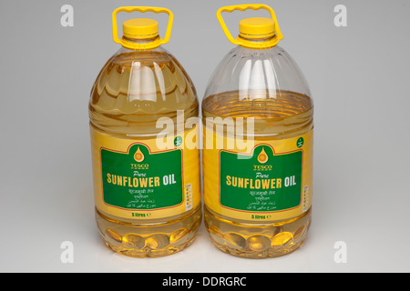 Two Five litres of Tesco Sunflower oil one part used Stock Photo