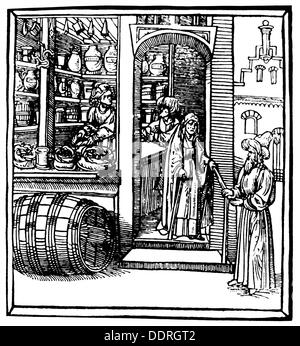 medicine, pharmacy, pharmacy, salesroom in the Netherlands circa 1500, wood engraving, from: 'dlicht d'apotekers, Brussels, 1515, Additional-Rights-Clearences-Not Available Stock Photo