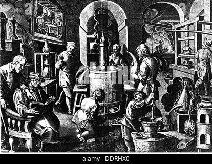 medicine, pharmacy, pharmacy, stills, after drawing by Jan van der Straet (1523 - 1605), copper engraving by J.Galle, 16th century, 16th century, graphic, graphics, occupation, occupations, apothecary, dispensing chemist, druggist, apothecaries, dispensing chemists, druggists, half length, sitting, sit, book, books, reading, read, assistant, assistants, distillation, stills, distil, distill, distilling, laboratory, lab, labs, laboratories, works, working, work, knowledge, pharmaceutics, pharmacology, pharmacist, pharmacists, Giovanni Stradanus, Stradan, Artist's Copyright has not to be cleared Stock Photo