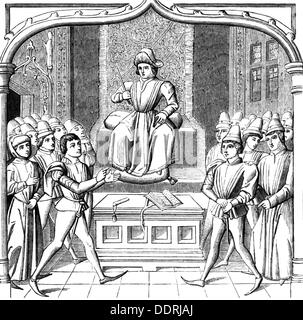 justice, courtroom scenes, medieval court proceedings, etching, 15th century, National Library, 15th century, graphic, graphics, Middle Ages, court of justice, courts of justice, judges, referee, associate judge, bench, chair, chairs, sitting, sit, court proceedings, oral proceedings, hearing, hearings, conversation, conversations, talks, talking, talk, accused, defendant, accuseds, defendants, medieval, mediaeval, historic, historical, male, man, men, people, Additional-Rights-Clearences-Not Available Stock Photo