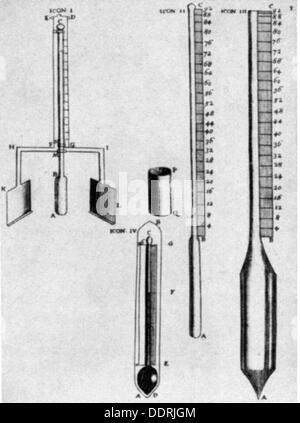 measure and weight, thermometer, four different thermometers, three developed by Daniel Gabriel Fahrenheit (1686 - 1736), out of: Hermann Boerhaave, 'Elementa chemiae', Leiden, 1732, Additional-Rights-Clearences-Not Available Stock Photo