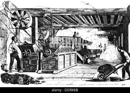 food, sugar, extraction from sugar beets, cutting and boiling in a sugar refinery, wood engraving, 19th century, machine, machines, transmission belts, belt drive, wheel barrow, wheelbarrow, hurlbarrow, hurley, wheelbarrows, hurlbarrows, hurleys, industry, industries, economy, sucrose, factory, factories, plant, plants, people, men, man, worker, workers, labour, labor, working, work, food, foodstuff, brown sugar, sugar beet, sugar beets, technics, historic, historical, Additional-Rights-Clearences-Not Available Stock Photo