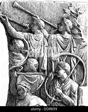 music,instruments,wind instruments,Roman blowers with Tuba and Bucina,after relief from the triumphal column of Emperor Marcus Ulpius Traianus,113 AD,wood engraving,19th century,Trajan's Column,Trajan,Roman,Romans,ancient world,ancient times,Roman Empire,musical instrument,musical instruments,key,keys,brass instrument,brass instruments,aerophone,bucinator,2nd century,people,men,man,male,wind instruments,wind instrument,blower,blowers,tuba,tubas,triumphal column,triumphal columns,emperor,emperors,historic,historical,ancien,Additional-Rights-Clearences-Not Available Stock Photo