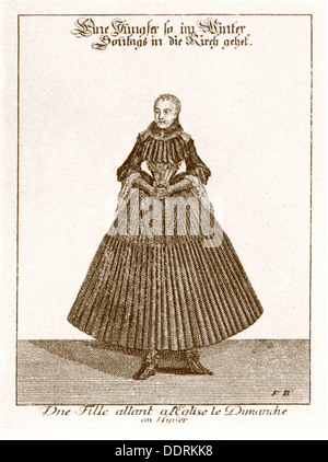 fashion, traditional costume, Alsace, young woman in summer sunday best for church going, copper engraving, out of: "Vorstellung der heutigen Strassburgische Mode" by Johann Daniel Dlsecker, Strasbourg, 1734, Artist's Copyright has not fashion, traditional costume, Alsace, young woman in summer sunday best for church going, copper engraving, out of: "Vorstellung der heutigen Strassburgische Mode" by Johann Daniel Dlsecker, Strasbourg, 1734, Artist's Copyright has not