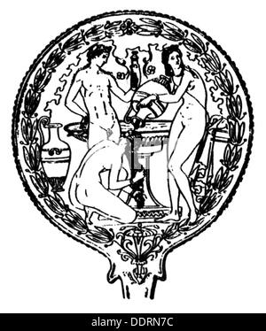 cosmetics, bathing scene, reverse of a mirror, Etruria, wood engraving, 19th century, ancient world, ancient times, graphic, graphics, Roman Empire, Rome, half length, standing, bath, baths, bathing, carafe, decanter, decanters, pour, pouring, water, hygienics, beauty care, body care, personal hygiene, cosmetics, cosmetic, historic, historical, people, ancient world, Additional-Rights-Clearences-Not Available Stock Photo