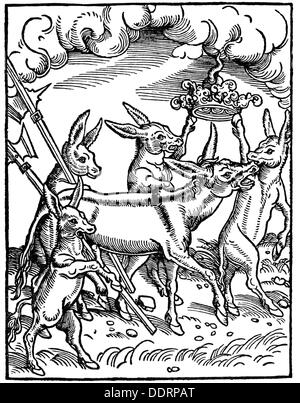 Luther, Martin, 10.11.1483 - 18.2.1546, German reformer, tale of the lion and the donkey, woodcut, from: 'Eine neue Fabel Esopi', Wittenberg, 1528, Stock Photo