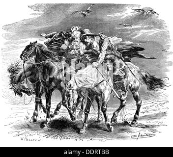 Geibel, Emanuel, 17.10.1815 - 6.4.1884, German author / writer, oevre, 'Die drei Reiter' (The Three Horsemen), after drawing by Otto Fikentscher (1862 - 1945), wood engraving by K.Müller, late 19th century, Stock Photo