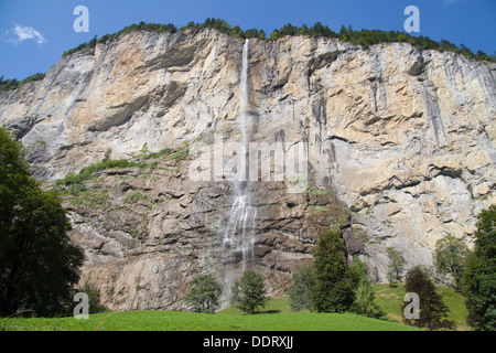 Staubbach falls from Lauterbrunnen, Switzerland. Stock Photo