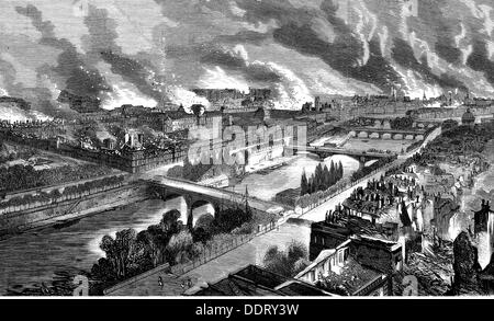 Uprising of the Paris Commune 1871, fire of the Tuileries 23. - 25.5.1871, contemporary wood engraving, revolution, revolutions, palace, palaces, castle, castles, river, rivers, Seine, destruction, destructions, burn, burning, civil war, France, third republic, disaster, disasters, 19th century, uprising, rising, uprisings, fire, fires, historic, historical, Additional-Rights-Clearences-Not Available Stock Photo