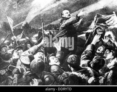 Lenin (Vladimir Ilyich Ulyanov), 22.4.1870 - 21.1.1924, Russian politician, at manifestation with revolutionary soldiers, after lithograph by V.Kuznetsova, 20th century, Stock Photo