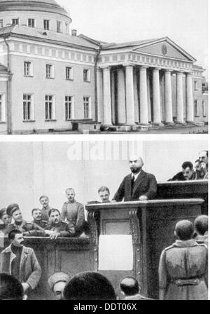 Lenin (Vladimir Ilyich Ulyanov), 22.4.1870 - 21.1.1924, Russian politician, half length delivering speech and Tauride Palace in St. Petersburg where he announced his April Theses on 17.4.1917, picture postcard, 1965, Stock Photo