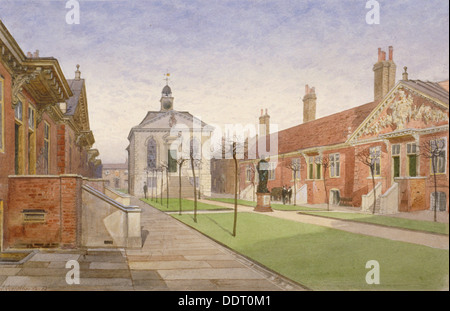 Trinity Almshouses and Trinity Chapel, Mile End Road, Stepney, London, 1883. Artist: John Crowther Stock Photo