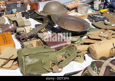 Military memorabilia stall at the 1940s 'wartime weekend' event on the East Lancashire Railway. Stock Photo