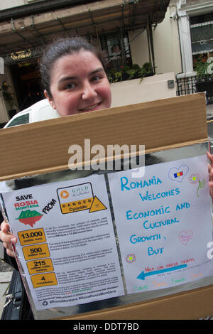 London, UK. 06th Sep, 2013. Romanians hold a protest outside the Holborn offices of  RM Gold in London, who plan to open a vast open cast gold mine that will have, thanks to cyanide leaching processes, serious environmental as well as cultural and socialogical consequences. Credit:  Paul Davey/Alamy Live News Stock Photo