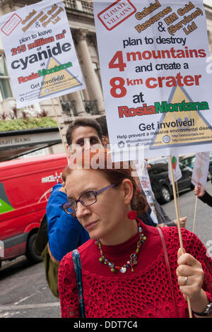 London, UK. 06th Sep, 2013. Romanians hold a protest outside the Holborn offices of  RM Gold in London, who plan to open a vast open cast gold mine that will have, thanks to cyanide leaching processes, serious environmental as well as cultural and socialogical consequences. Credit:  Paul Davey/Alamy Live News Stock Photo