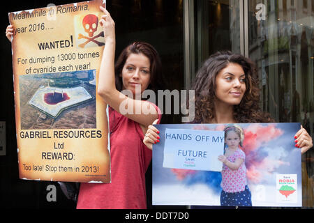 London, UK. 06th Sep, 2013. Romanians hold a protest outside the Holborn offices of  RM Gold in London, who plan to open a vast open cast gold mine that will have, thanks to cyanide leaching processes, serious environmental as well as cultural and socialogical consequences. Credit:  Paul Davey/Alamy Live News Stock Photo