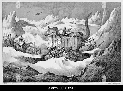 Hannibal and his war elephants crossing the Alps, 218 BC (19th century). Artist: Unknown Stock Photo