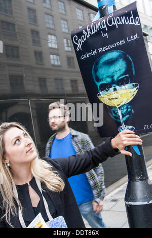 London, UK. 06th Sep, 2013. Romanians hold a protest outside the Holborn offices of  RM Gold in London, who plan to open a vast open cast gold mine that will have, thanks to cyanide leaching processes, serious environmental as well as cultural and socialogical consequences. Credit:  Paul Davey/Alamy Live News Stock Photo