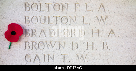 Poppy and names at First World War One Tyne Cot Memorial to the Missing, Commonwealth War Graves Commission cemetery, Belgium Stock Photo