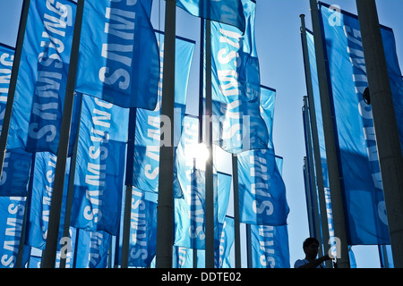 Man hoisting the Samsung at the IFA 2013, Berlin Stock Photo