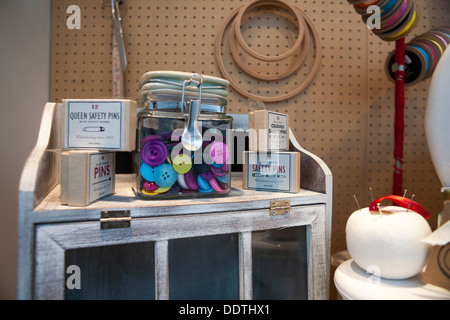 Haberdashery Window Display in John Lewis, in Liverpool One, Merseyside, UK Stock Photo