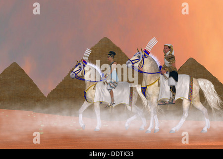 Arabian horses carry the Pharaoh and queen of Egypt past the Great Pyramids. Stock Photo