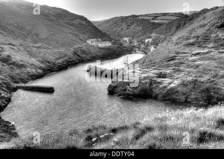 Boscastle harbour North Cornwall between Bude and Tintagel England UK in black and white Stock Photo