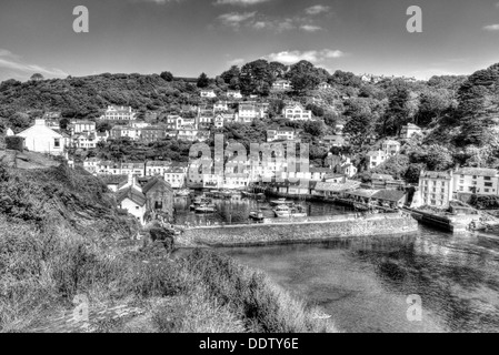 Polperro harbour Cornwall England in black and white HDR Stock Photo