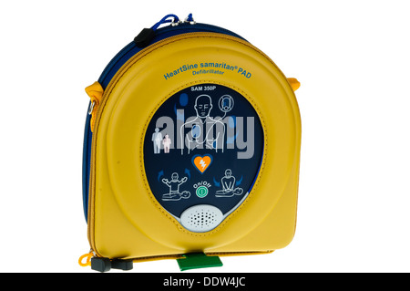 Heartsine SAM350 automatic defibrillator in a yellow case Stock Photo