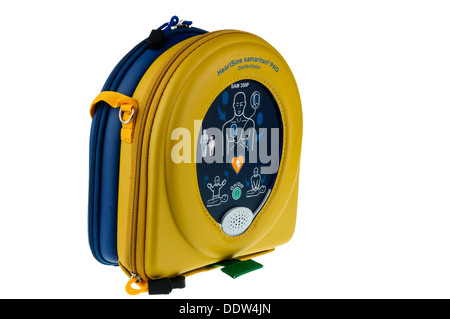 Heartsine SAM350P automatic defibrillator in a yellow case Stock Photo