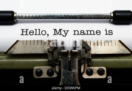 Hello, my name is text on typing machine Stock Photo