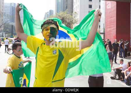 Sao Paulo, Brazil. 7th Sep, 2013. Protester carry brazilian flag during a rally at Paulista Avenue in Sao Paulo on nation's independence day. Protesters are demanding an end to corruption in Brazilian politics and quick improvements on public services. © Andre M. Chang/Alamy Live New Stock Photo