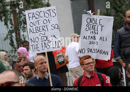 London, UK. 7 September 2013. The UAF held a counter demonstration against the EDL who had a planned march into East London. The UAF were restricted to  a static assembly from 11:00 to 16:00 in Whitechapel Road between  Whitechurch Lane and the East London Mosque between. Credit: David Mbiyu/ Alamy Live News Stock Photo