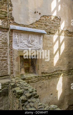 Ruins of Hardwick Old Hall in Derbyshire with remains of decorative plasterwork Stock Photo