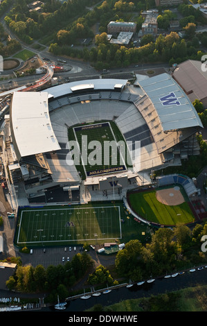 An aerial view of the Husky Softball Stadium on the campus of the