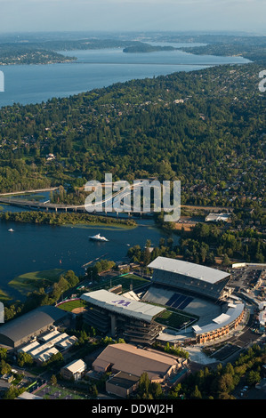 Aerial view of the new Husky stadium with I-90 floating bridge and Lake Washington Stock Photo