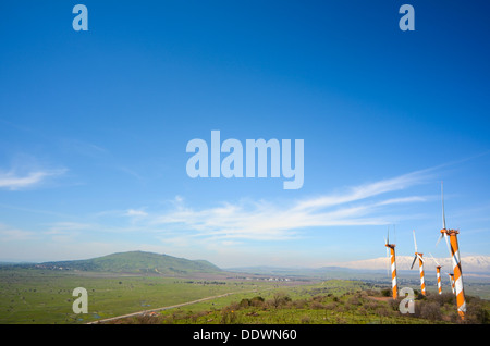 Israel, Golan Heights, View of Wind turbines near kibbutz Ein Zivan, Stock Photo