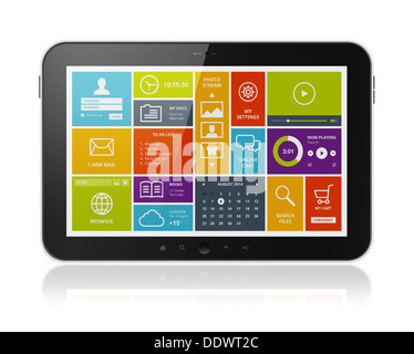 Tablet PC with colorful application icons isolated on white background ...