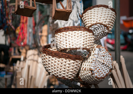 Traditional handmade wicker baskets for sale at local farmers market in Wadowice, Poland. Stock Photo
