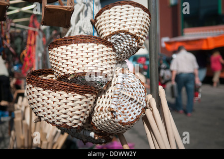 Traditional handmade wicker baskets for sale at local farmers market in Wadowice, Poland. Stock Photo
