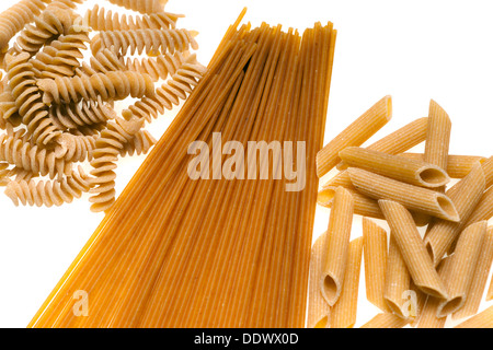 Collection of Whole wheat Pasta isolated on white. Stock Photo