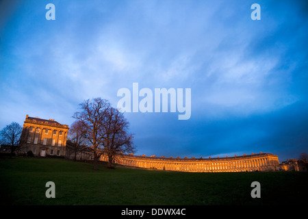 Royal Crescent in Bath, lit by the warm evening light. Stock Photo