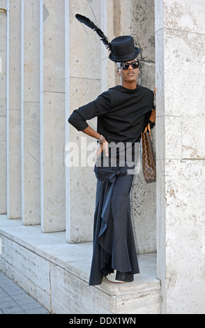 Portrait of a fashion stylist designer wearing an unusual black outfit at Fashion Week at Lincoln Center in New York City Stock Photo
