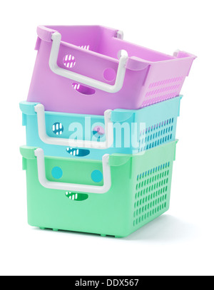Stack Of Three Plastic Baskets On White Background Stock Photo