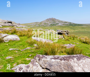 Rugged scenery on Bodmin Moor Cornwall England with Rough Tor in the distance Stock Photo